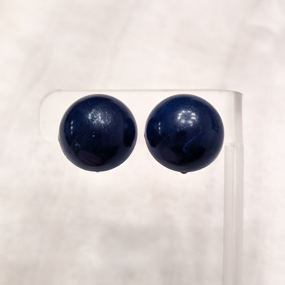 Vintage Clip On Earrings Domed Dark Blue 7/8" - Marks and Loose Clip